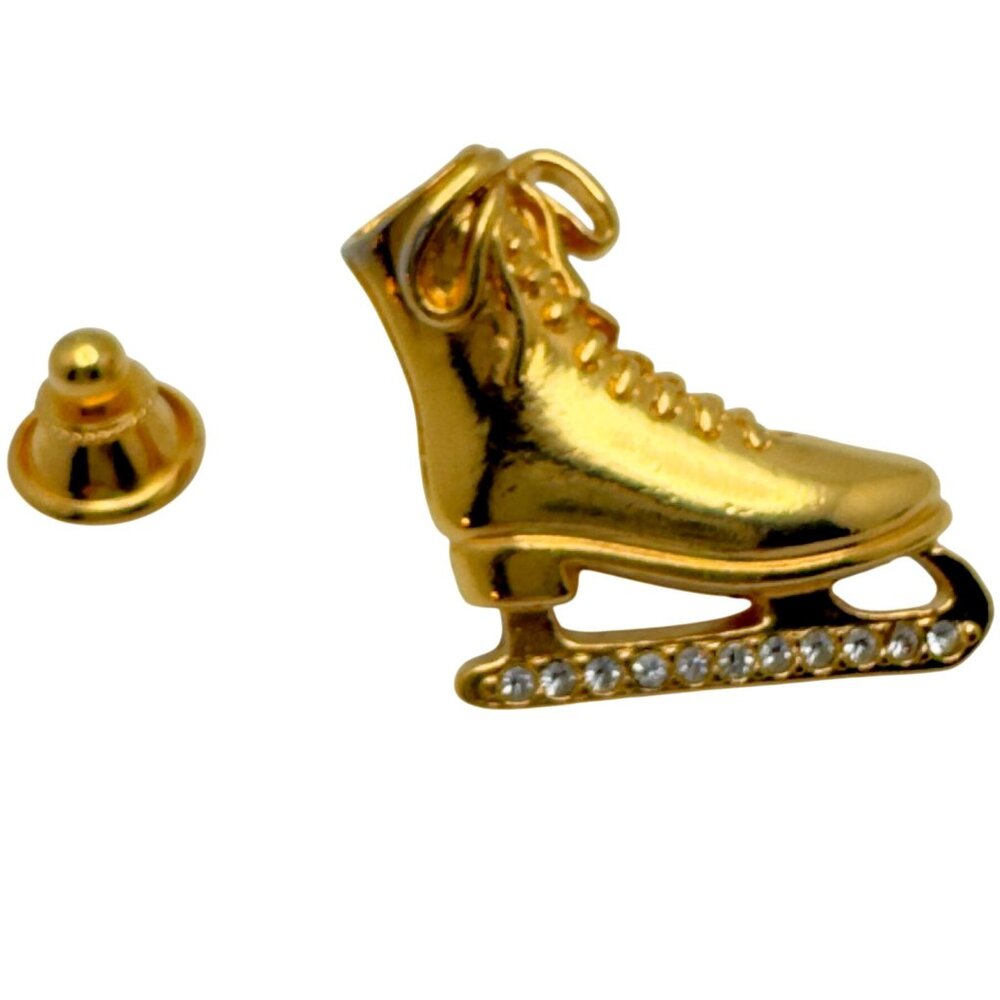 Avon Gold-Tone Ice Skate Lapel Pin With Rhinestones 1" Vintage